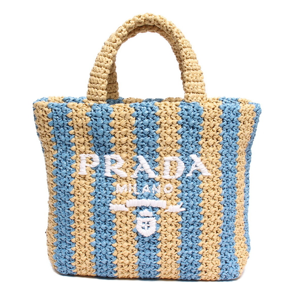 Prada tote bag Beige Tan blue raffia straw wicker